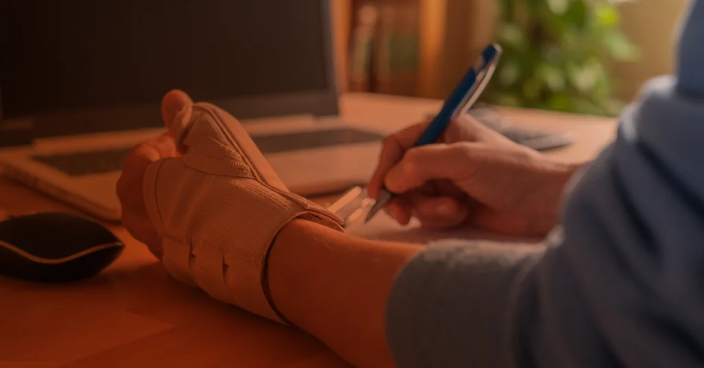 A close up image of a person wearing a wrist brace while working at a desk because of carpal tunnel syndrome.