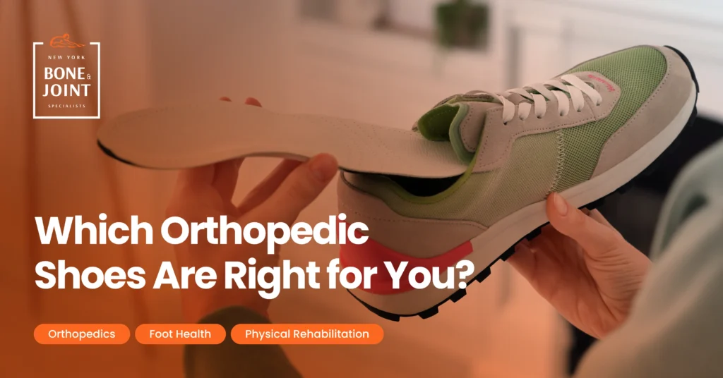 Image of a person adding a sole insert into an orthopedic shoe with a graphic overlay