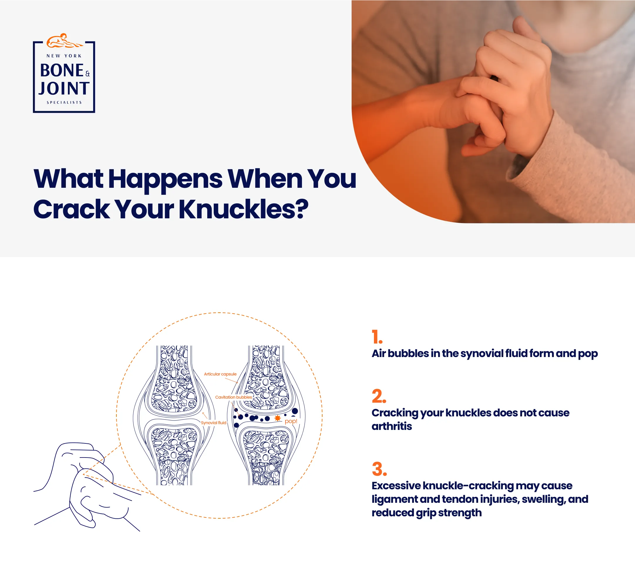 Infographic showing a diagram of the knuckle joints and what happens when they are cracked, along with captions