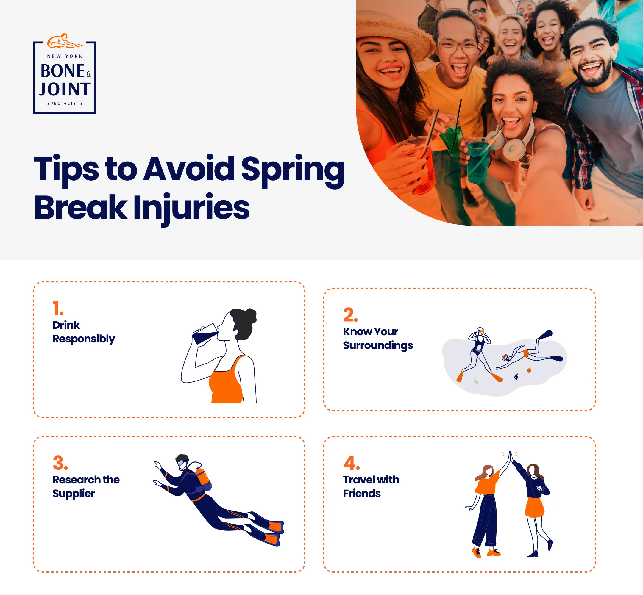 icons depicting tips to avoid spring break injuries