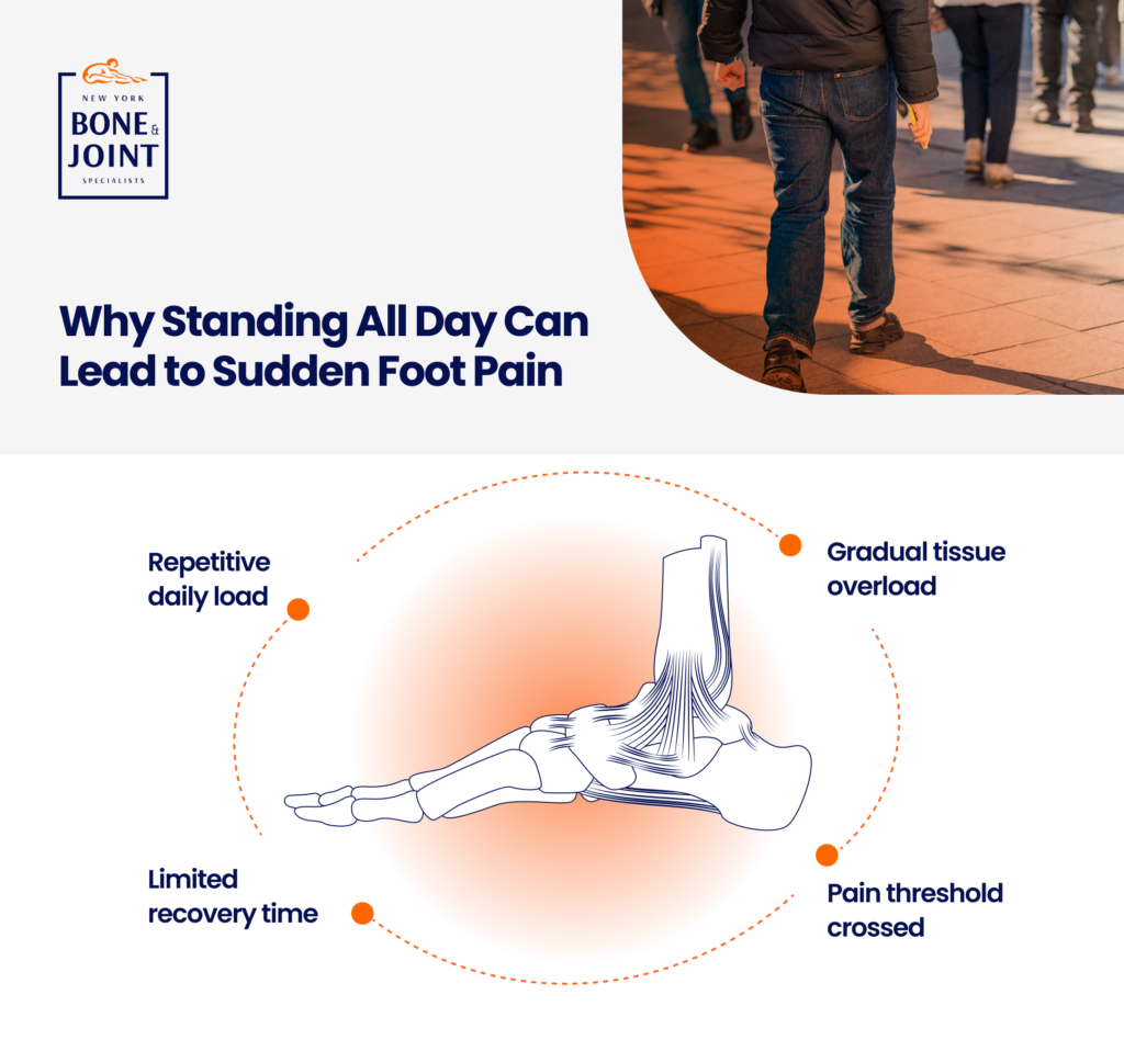 Why Standing All Day Can Lead to Sudden Foot Pain: Gradual tissue overload, pain threshold crossed, limited recovery time, repetitive daily load.