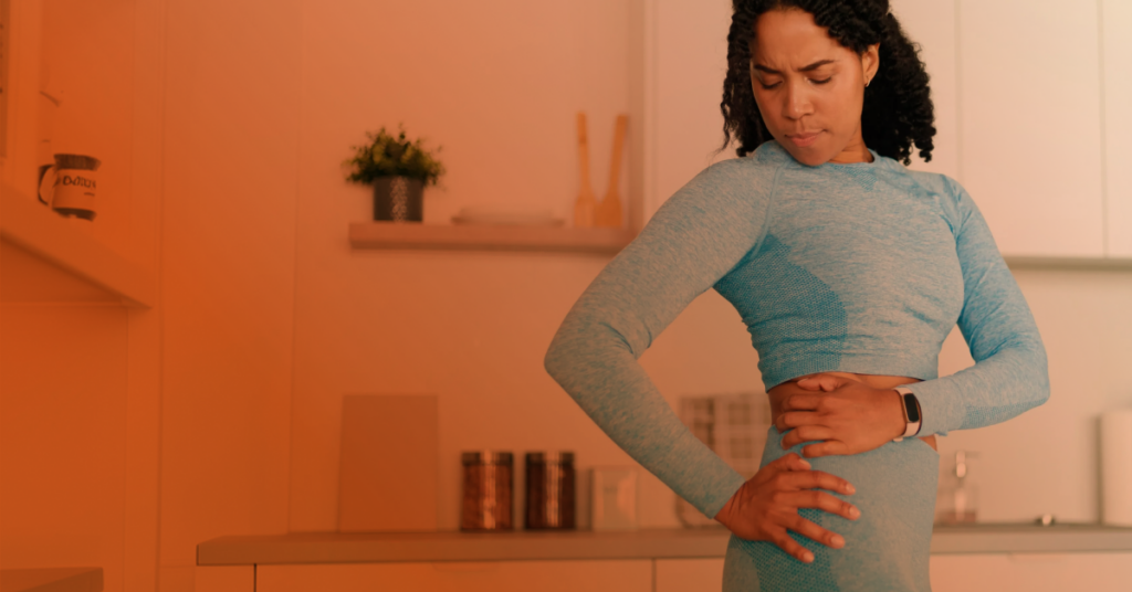 A woman with rib or back pain.